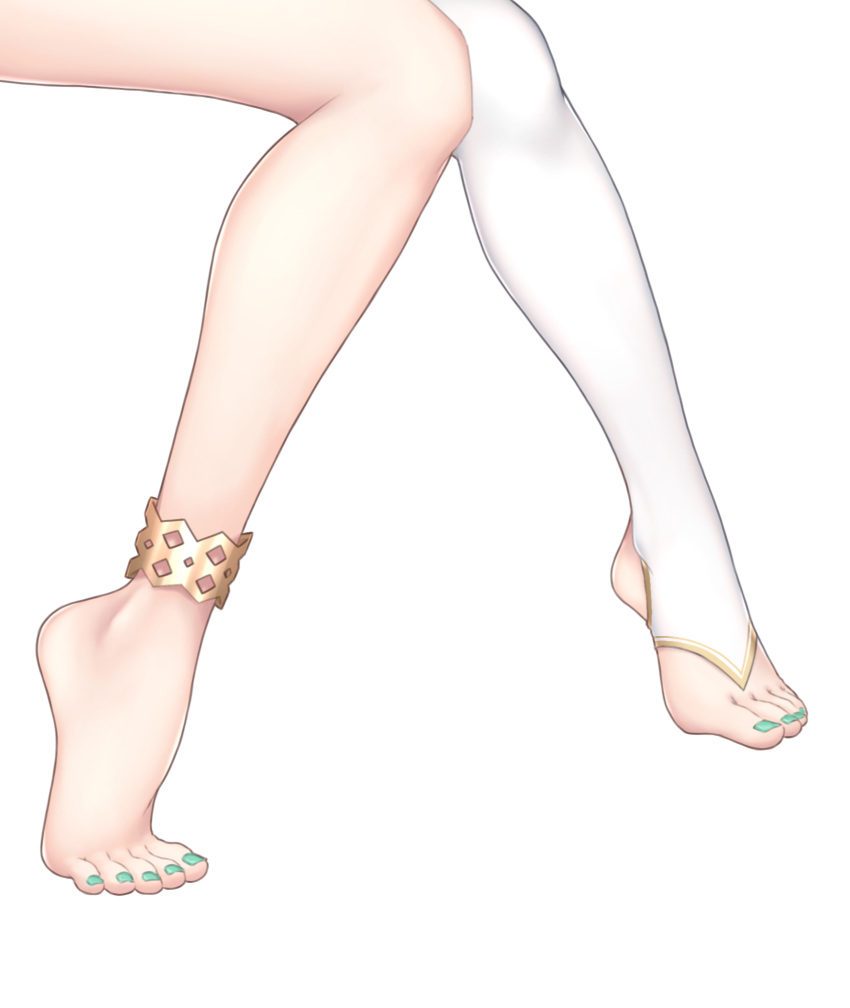 1girl anklet barefoot ceres_fauna commentary english_commentary feet green_nails highres hikigaya_0926 hololive hololive_english jewelry knees_together_feet_apart legs lower_body nail_polish no_shoes simple_background single_thighhigh solo stirrup_legwear thighhighs thighs toeless_legwear toenail_polish toenails toes virtual_youtuber white_background white_thighhighs