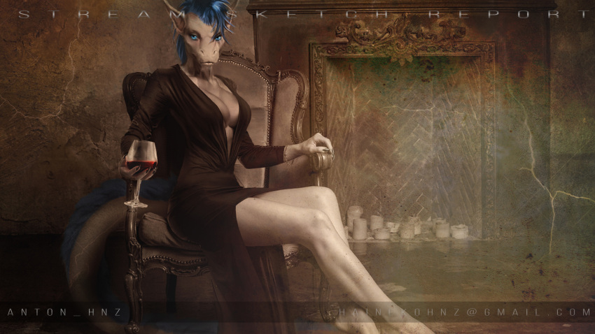 alcohol anthro beverage bracelet breasts chair chimney christa_(rebeldragon101) cleavage clothed clothing container cup dragon dress drinking_glass elegant_dress fancy_dress female furniture glass glass_container glass_cup hi_res hnz jewelry legs_together living_room on_chair open_dress photo_manipulation sitting sitting_on_chair wine wine_glass