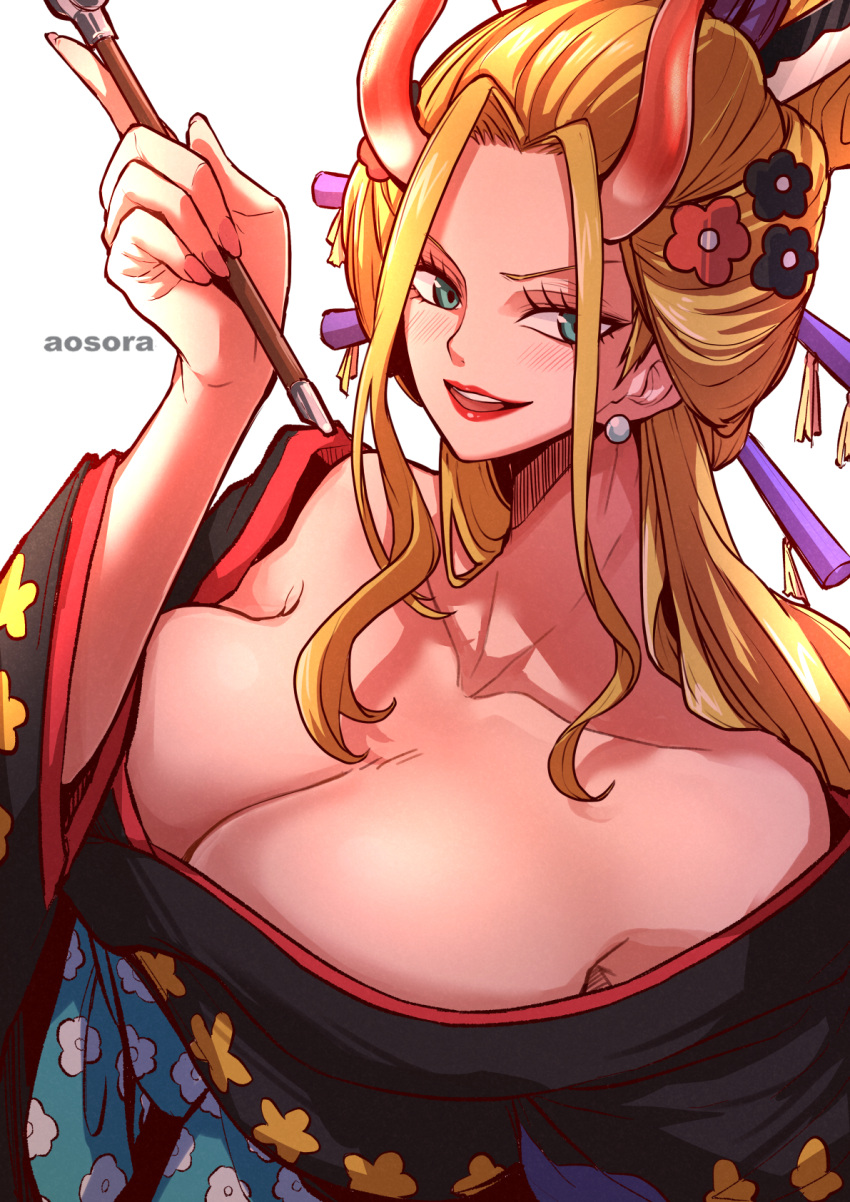 1girl aosora2823 black_maria_(one_piece) blonde_hair blue_eyes breasts cleavage commentary_request highres japanese_clothes kimono large_breasts long_hair looking_at_viewer one_piece simple_background smile solo upper_body white_background