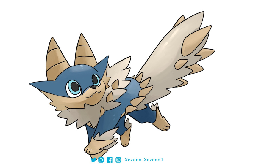 :3 animal_focus artist_name blue_eyes commentary crossover english_commentary facebook_logo facebook_username fakemon fangs from_side full_body highres instagram_logo instagram_username monster_hunter_(series) no_humans pixiv_logo pixiv_username pokemon pokemon_(creature) simple_background solo twitter_logo twitter_username white_background xezeno