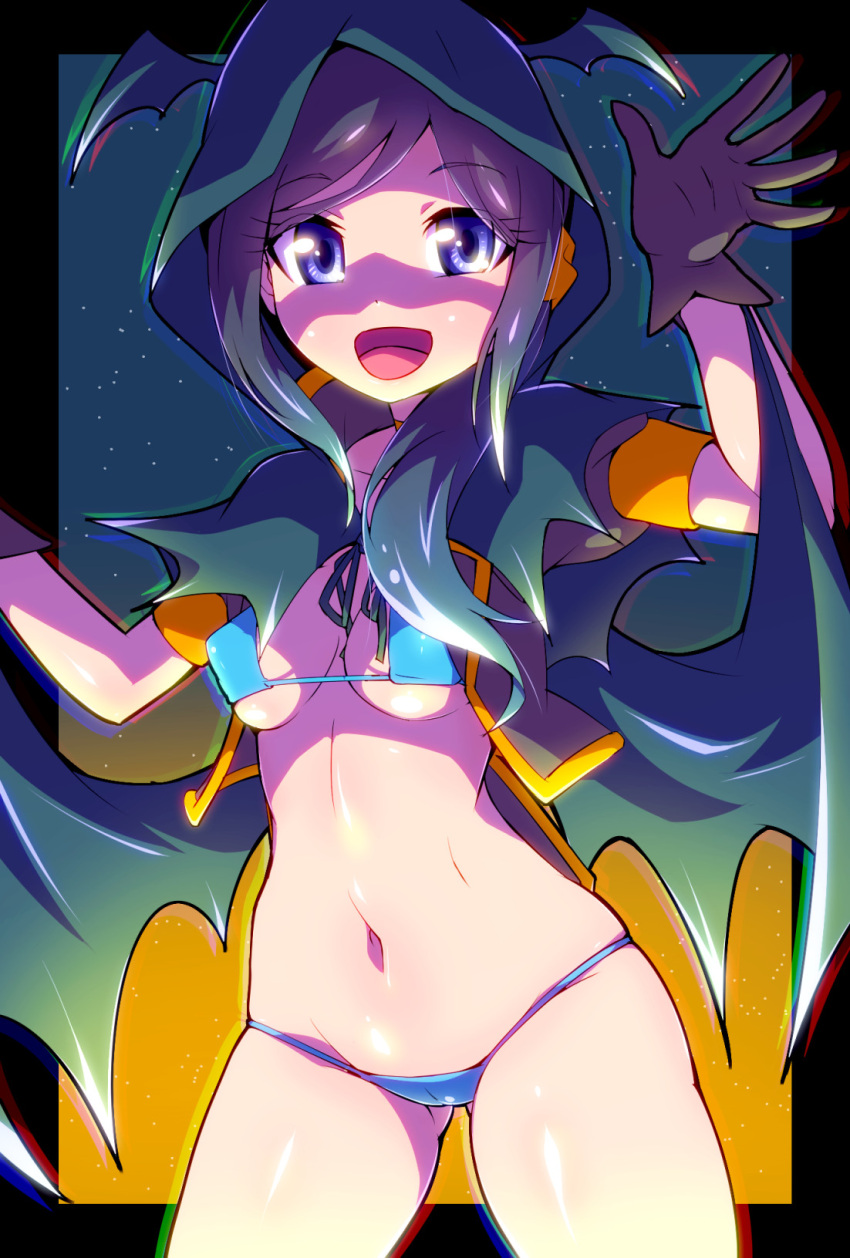 1girl bat_wings bikini black_capelet black_gloves black_hair black_jacket blue_bikini blue_eyes breasts capelet commentary cowboy_shot cropped_jacket english_commentary gloves groin halloween halloween_costume healin'_good_precure highres hood hood_up hooded_capelet jacket long_hair looking_at_viewer low_wings lowleg lowleg_bikini mixed-language_commentary navel open_mouth precure puffy_short_sleeves puffy_sleeves ryuuta_(cure_ryuuta) sawaizumi_chiyu short_sleeves small_breasts smile solo standing swimsuit wings