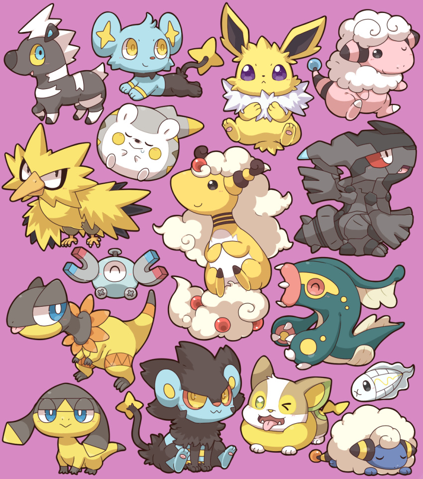 &gt;_o 2027_(submarine2027) :&gt; :&lt; :3 :p ^_^ ampharos blitzle blue_eyes blush bright_pupils brown_eyes claws closed_eyes closed_mouth colored_sclera commentary_request drooling eelektross fangs flaaffy green_eyes heliolisk helioptile highres jolteon looking_at_viewer luxray magnemite magnet mareep mega_ampharos mega_pokemon no_humans one-eyed one_eye_closed open_mouth pokemon pokemon_(creature) purple_background purple_eyes red_sclera screw shinx simple_background sitting sleeping smile smirk spikes togedemaru tongue tongue_out tynamo u_u v-shaped_eyebrows white_pupils yamper yellow_eyes yellow_pupils zapdos zekrom