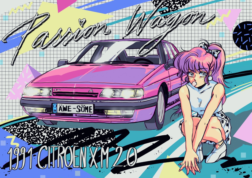 1980s_(style) 1girl blue_eyes bow breasts car chewing_gum citroen citroen_xm covered_collarbone earrings english_text hair_behind_ear hair_bow highres jewelry long_hair medium_breasts mizucat motor_vehicle original own_hands_together pink_hair polka_dot polka_dot_bow polka_dot_skirt ponytail retro_artstyle shirt skirt sleeveless sleeveless_shirt solo squatting vehicle_focus vehicle_name white_bow white_footwear white_shirt white_skirt