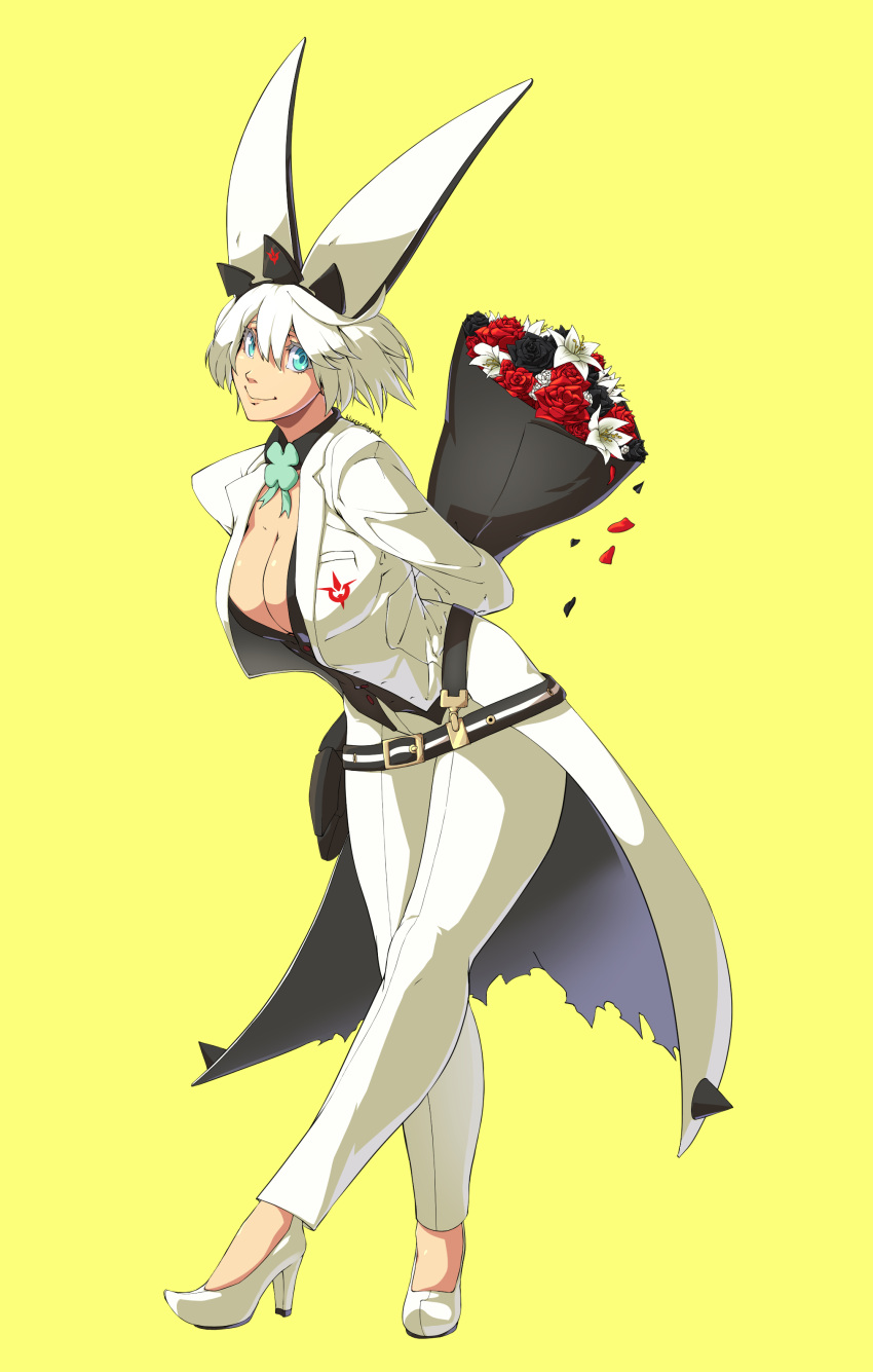 1girl absurdres ahoge animal_ears black_flower black_rose blizzardingpike blue_eyes bouquet breasts cleavage cleavage_cutout clothing_cutout clover elphelt_valentine flower four-leaf_clover guilty_gear guilty_gear_xrd hairband highres holding holding_bouquet huge_ahoge jacket large_breasts lily_(flower) long_sleeves looking_at_viewer pants petals red_flower red_rose rose short_hair smile spiked_hairband spikes white_footwear white_hair white_jacket white_lily white_pants yellow_background