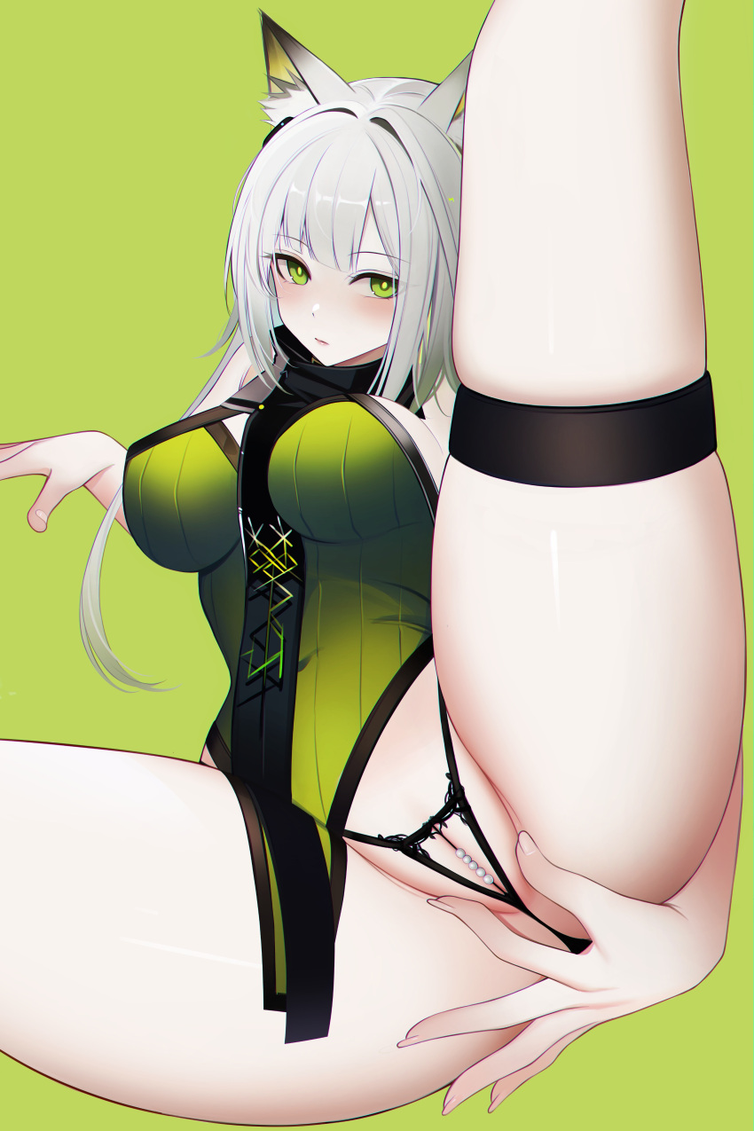 1girl absurdres animal_ears arknights ass ateoyh black_panties blush breasts cat_ears cat_girl dress green_background green_dress green_eyes grey_hair highres kal'tsit_(arknights) large_breasts long_hair looking_at_viewer panties pearl_thong presenting_pussy simple_background skindentation solo thigh_strap thighs underwear