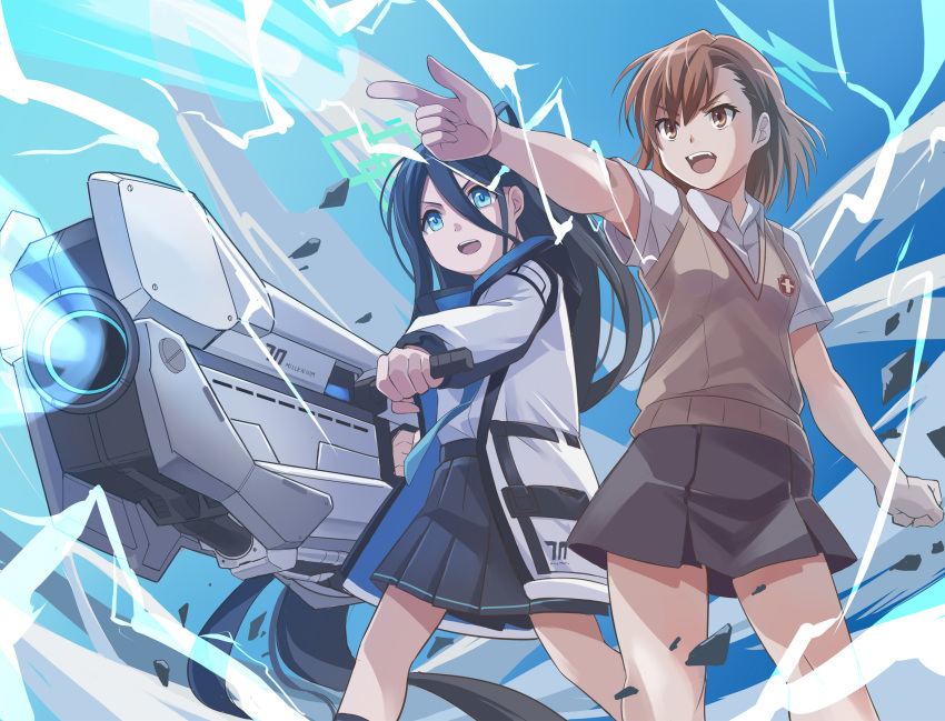 2girls aris_(blue_archive) bare_shoulders black_hair black_skirt blue_archive blue_eyes blue_halo blue_necktie brown_eyes brown_hair brown_sweater_vest brown_vest commentary_request crossover debris electricity electrokinesis emblem firing grey_skirt halo highres holding holding_weapon jacket long_hair misaka_mikoto multiple_girls necktie nikulas_cage one_side_up open_clothes open_jacket pleated_skirt psychic railgun railgun_(misaka_mikoto) school_emblem school_uniform science_fiction shirt short_hair skirt summer_uniform sweater_vest toaru_kagaku_no_railgun toaru_majutsu_no_index tokiwadai_school_uniform vest weapon white_jacket white_shirt