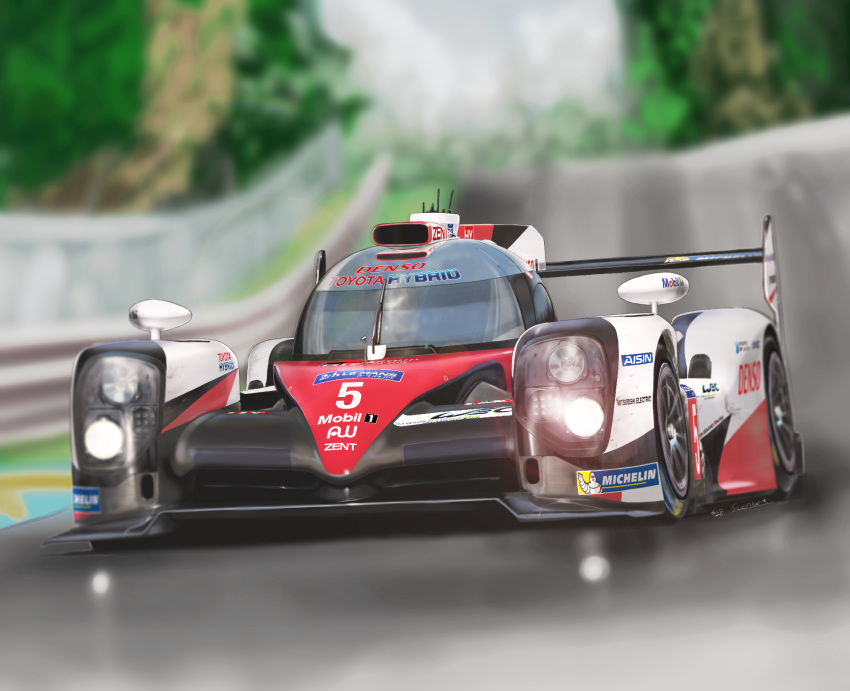 blurry blurry_background car circuit_de_la_sarthe highres le_mans_prototype michelin michelin_man mobil motor_vehicle no_humans race_vehicle racecar racetrack radio_antenna silenxe spoiler_(automobile) toyota toyota_ts050 vehicle_focus world_endurance_championship