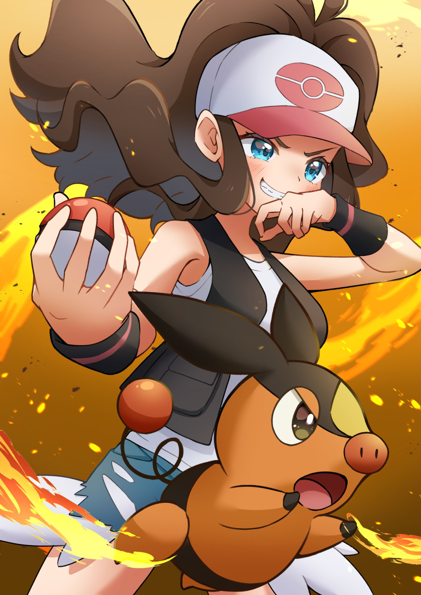 1girl absurdres baseball_cap blue_eyes blush commentary_request cowboy_shot denim denim_shorts embers exposed_pocket fire hat highres hilda_(pokemon) holding holding_poke_ball open_mouth poke_ball poke_ball_(basic) pokemon pokemon_(creature) pokemon_(game) pokemon_bw ponytail refisa shirt shorts sleeveless sleeveless_shirt smile teeth tepig v-shaped_eyebrows white_shirt wristband