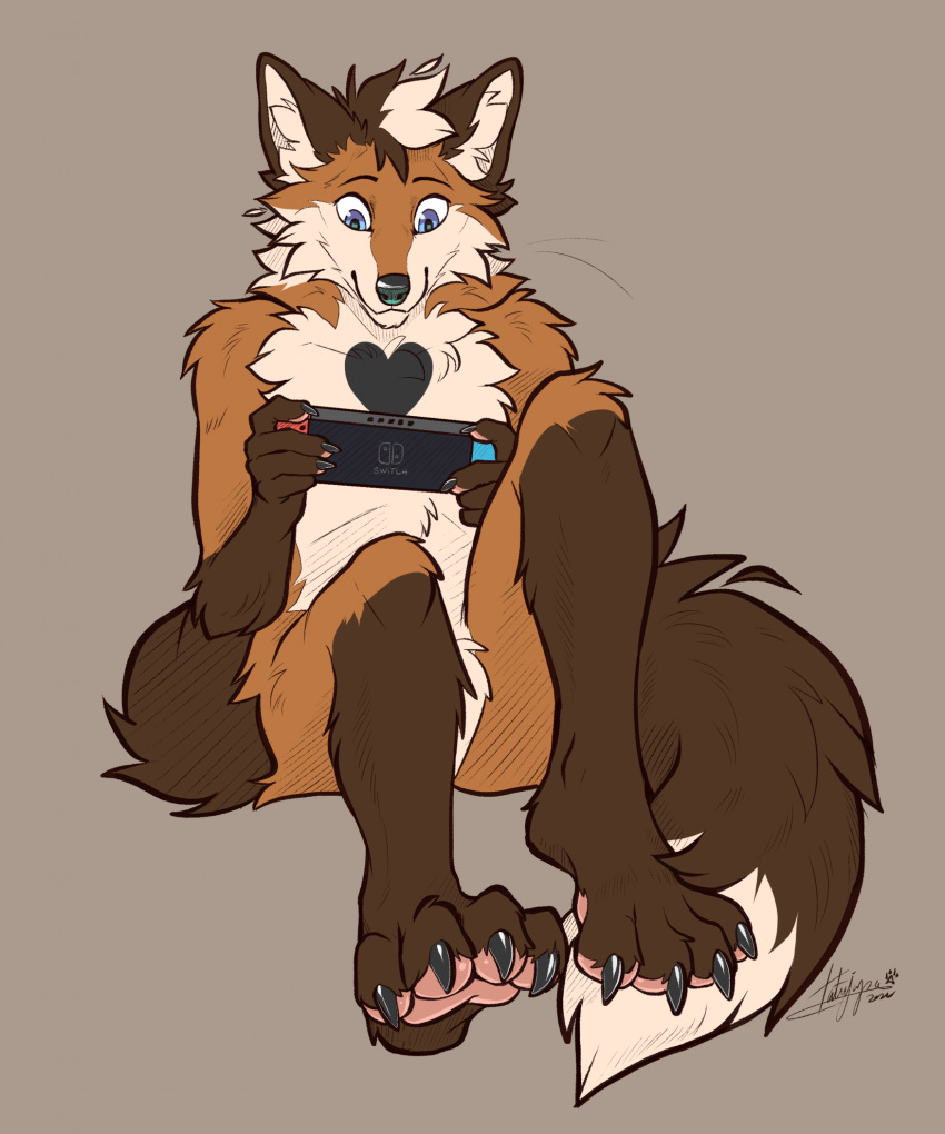 4_toes anthro blue_eyes canid canine feet fox hi_res male mammal nintendo nintendo_switch nude pawpads paws pink_pawpads simple_background sitting smile soles solo tatujapa toes