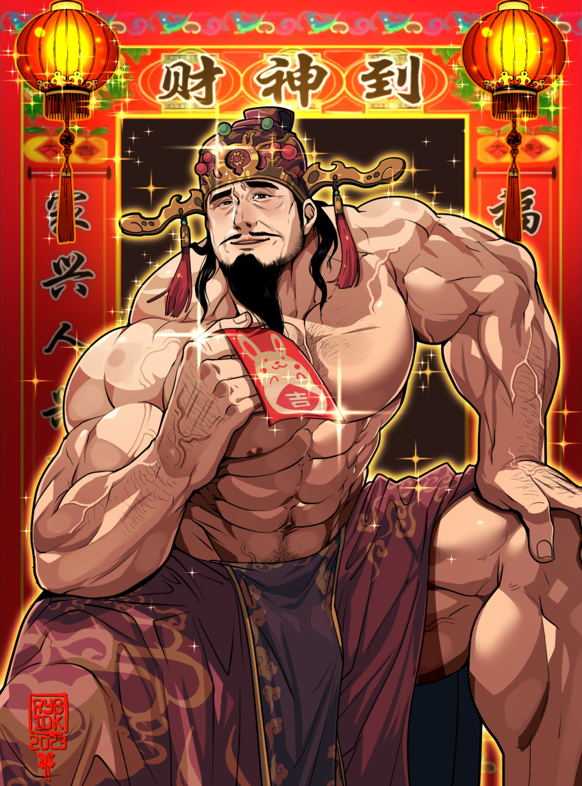 1boy abs artist_name bara beard black_hair chest_hair dated facial_hair hat highres japanese_clothes large_pectorals looking_at_viewer male_focus medium_hair muscular muscular_male navel nipples original pectorals rybiok smile solo topless_male translation_request veins veiny_arms