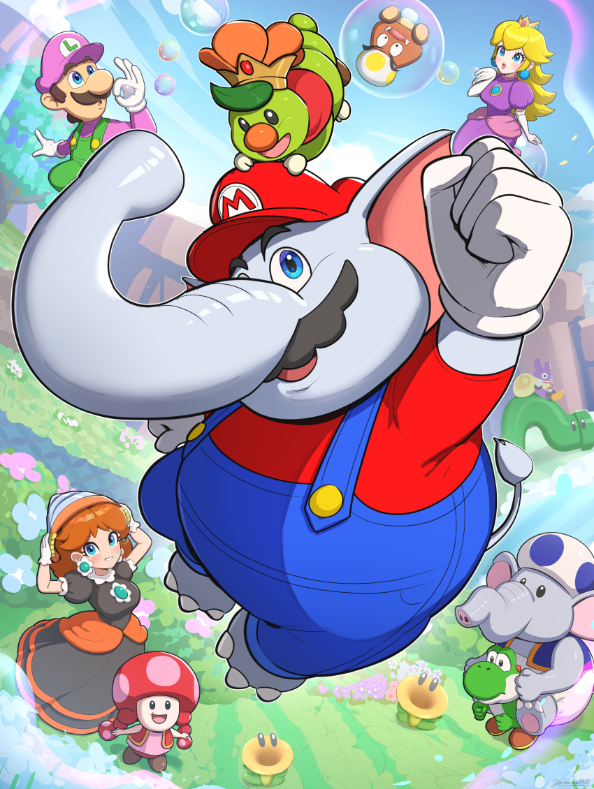 3girls 6+boys absurdres black_dress blonde_hair blue_overalls blue_vest brown_hair bubble bubble_blowing bubble_luigi bubble_peach caterpillar clenched_hand crown day dress drill_daisy earrings elbow_gloves elephant_blue_toad_(mario) elephant_mario facial_hair fire_toadette gloves gonzarez goomba goomba_yellow_toad_(mario) grass green_overalls hat highres jewelry jumping long_hair mario_(series) multiple_boys multiple_girls mustache orange_dress outdoors overalls prince_florian puffy_short_sleeves puffy_sleeves purple_dress purple_headwear red_headwear red_shirt red_vest shirt short_hair short_sleeves sphere_earrings super_mario_bros._wonder talking_flower_(mario) toadette two-tone_dress vest white_gloves yoshi