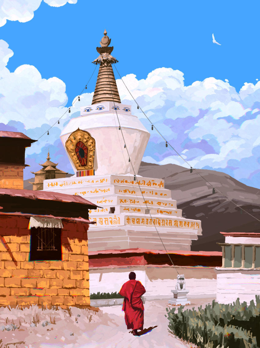 1boy absurdres bird blue_sky buddhism building cloud day fangpeii from_behind highres house male_focus monk original outdoors procreate_(medium) red_robe robe scenery sky solo statue temple walking
