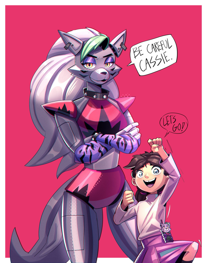 2023 absurd_res animatronic blue_eyes bottomwear bracelet breasts brown_hair canid canine canis cassie_(fnaf) cheek_tuft clothed clothing collar crossed_arms dialogue digital_media_(artwork) duo ear_piercing ear_ring english_text eyelashes eyeshadow facial_tuft female fingers five_nights_at_freddy's five_nights_at_freddy's:_security_breach five_nights_at_freddy's:_security_breach_ruin green_hair hair half-closed_eyes hi_res highlights_(coloring) human jewelry long_hair looking_at_viewer machine makeup mammal miscuitsxd narrowed_eyes open_mouth open_smile piercing pink_bottomwear pink_clothing pink_shirt pink_skirt pink_topwear purple_eyelashes purple_highlights ring_piercing robot roxanne_wolf_(fnaf) scottgames shirt shoulder_pads simple_background skirt smile spiked_bracelet spiked_collar spikes standing steel_wool_studios tail text tooth_gap topwear tuft walkie-talkie wolf yellow_eyes