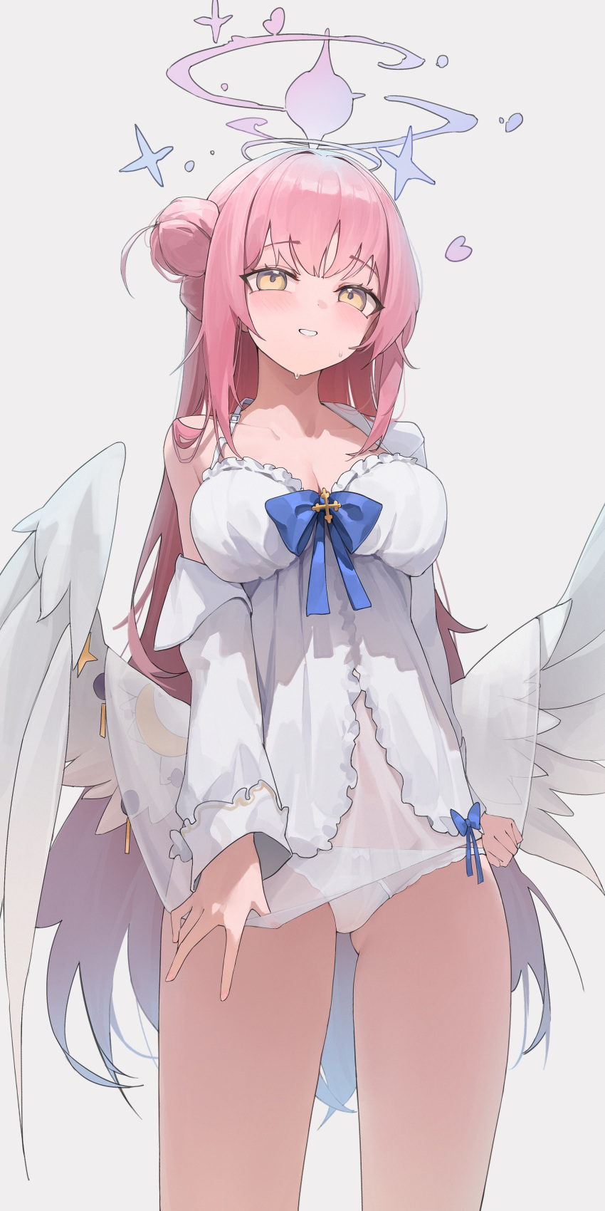 1girl absurdres angel_wings ass_visible_through_thighs babydoll berserker_r blue_archive blue_bow blush bow bow_panties breasts cleavage collarbone commentary_request covered_navel cross feathered_wings fingernails hair_bun halo heart highres large_breasts long_hair looking_at_viewer low_wings mika_(blue_archive) nail_polish panties pink_hair pink_halo pink_nails shirt single_bare_shoulder single_side_bun smile solo sweat thighs underwear white_babydoll white_background white_bow white_panties white_shirt white_wings wings yellow_eyes