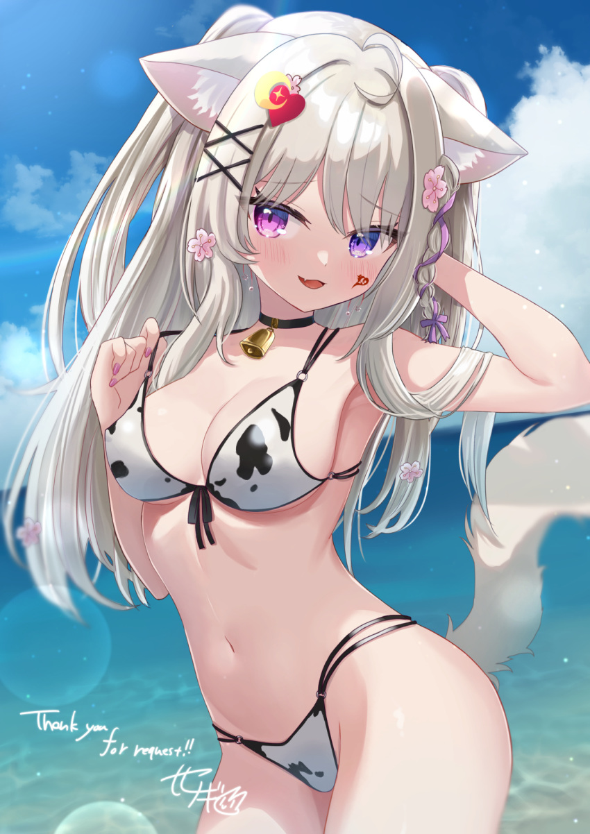 1girl :d animal_ears animal_print bell bikini black_choker braid breasts cat_ears cat_girl cat_tail choker commission cow_print cow_print_bikini fang grey_hair heterochromia highres large_breasts long_hair looking_at_viewer navel neck_bell ocean open_mouth purple_eyes sese_nagi side_braid single_braid skeb_commission skin_fang smile stomach swimsuit tail two_side_up vrchat