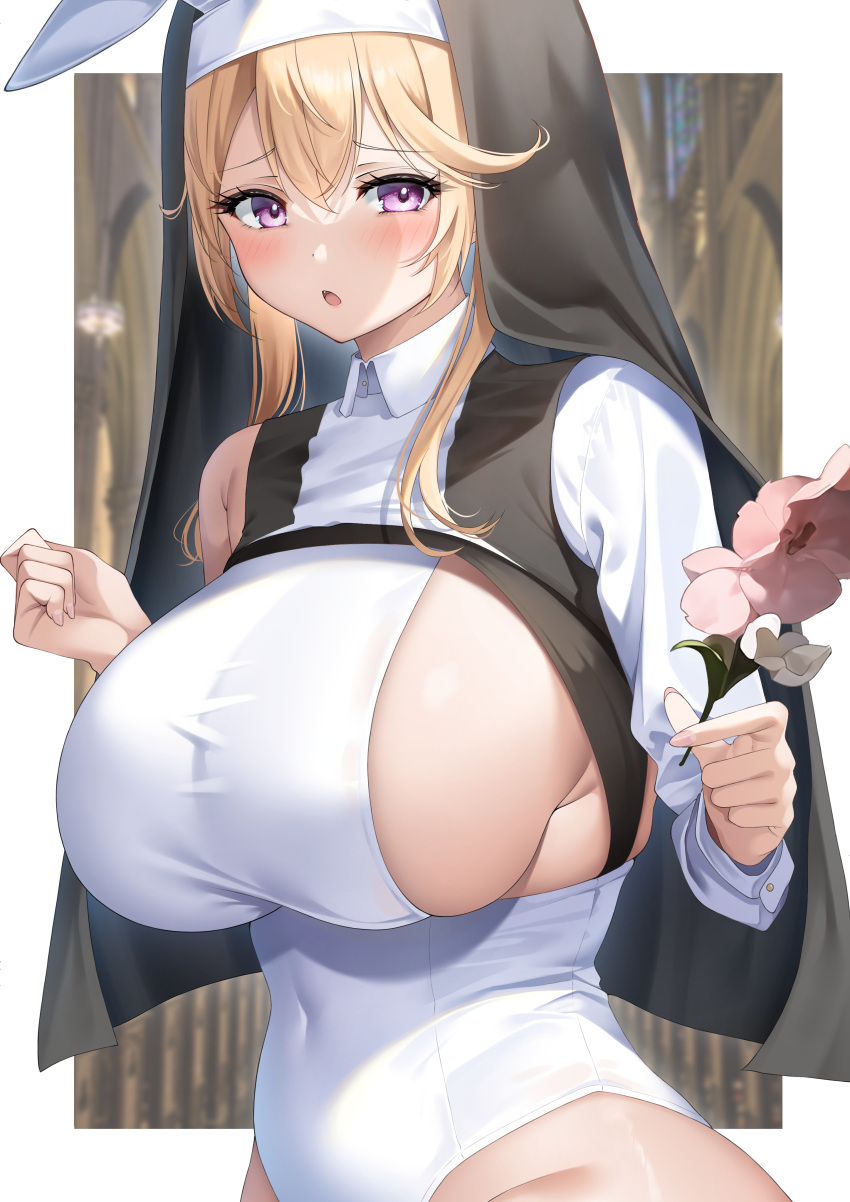 1girl :o absurdres animal_ears black_headwear blonde_hair blush breasts clothes_lift commentary_request fake_animal_ears flower highres holding holding_flower huge_breasts large_breasts leotard long_sleeves looking_at_viewer medium_hair nagi_aoi nun open_mouth original paid_reward_available playboy_bunny purple_eyes sideboob sidelocks single_bare_shoulder solo veil white_leotard