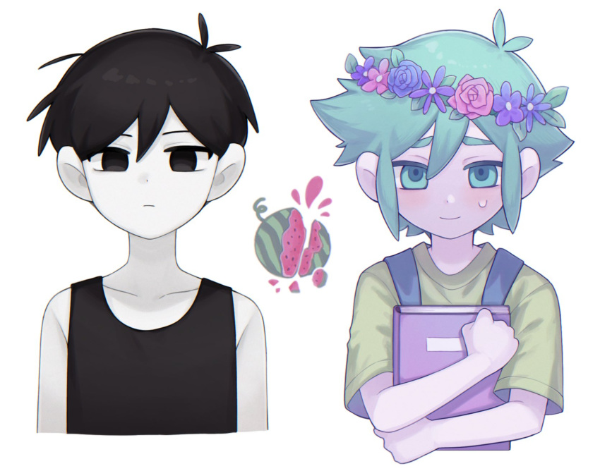 2boys basil_(omori) black_eyes black_hair blush book chihaze_mizu59 closed_mouth collarbone colored_skin expressionless flower green_eyes green_hair green_shirt head_wreath highres holding holding_book multiple_boys omori omori_(omori) shirt short_hair short_sleeves simple_background sweatdrop tank_top watermark white_background white_skin