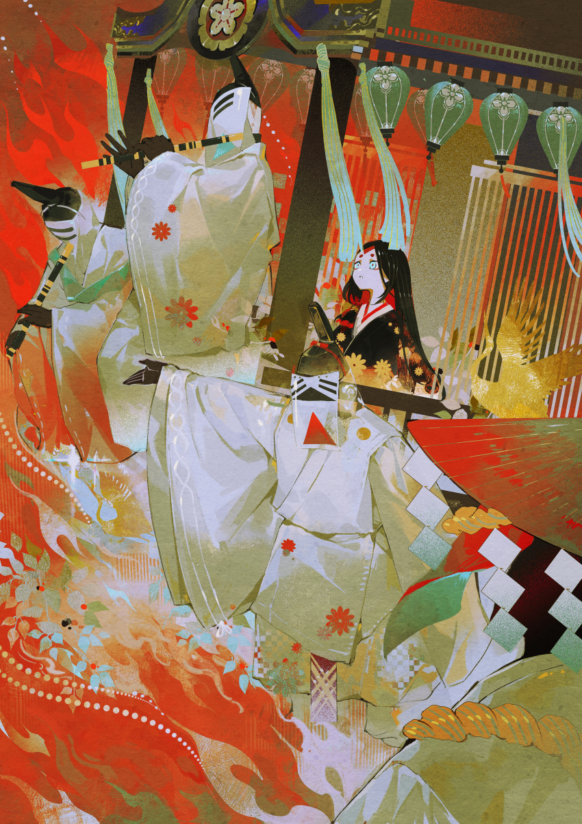 1girl 4others :o absurdres aqua_eyes bird black_headwear black_kimono black_skin character_request colored_skin covered_face crane_(animal) fire flute gesshi_(x2mciyellrzrhg1) hat highres instrument japanese_clothes kimono lantern litter_(vehicle) long_hair long_sleeves looking_away mask multiple_others music onmyoji onmyoji:_the_card_game outstretched_arm outstretched_arms paper_lantern parade playing_instrument red_background red_hair rope shide short_eyebrows solo_focus straw_hat tate_eboshi transparent veil very_long_hair white_kimono wide_sleeves