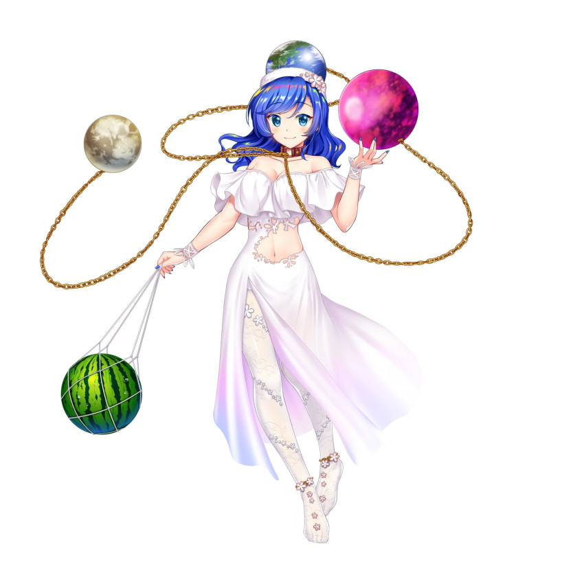 1girl alternate_costume blue_eyes blue_hair blue_nails breasts cleavage closed_mouth dress food fruit full_body game_cg hecatia_lapislazuli hecatia_lapislazuli_(earth) hecatia_lapislazuli_(tropical_goddess) highres looking_at_viewer medium_hair moon_(ornament) navel off_shoulder pantyhose polos_crown rotte_(1109) simple_background smile solo third-party_source touhou touhou_lost_word watermelon white_background white_dress white_pantyhose