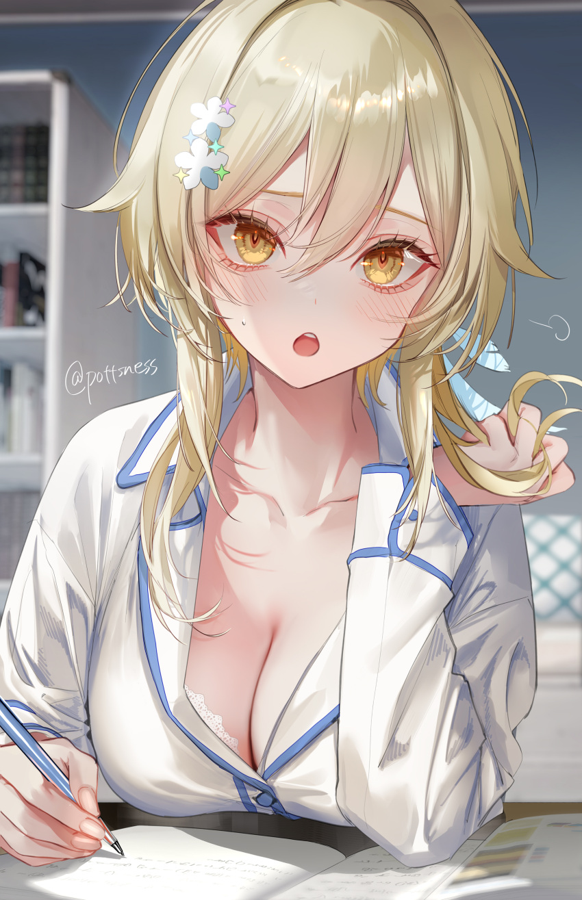 1girl absurdres blonde_hair blush book bra bra_peek breasts cleavage collarbone commentary_request fingernails genshin_impact hair_between_eyes hair_ornament hairclip hand_in_own_hair hand_up highres holding holding_pencil indoors large_breasts long_sleeves looking_at_viewer lumine_(genshin_impact) mechanical_pencil medium_hair open_book open_mouth pencil pottsness shirt sidelocks solo sweatdrop teeth twitter_username underwear upper_body upper_teeth_only white_shirt yellow_eyes