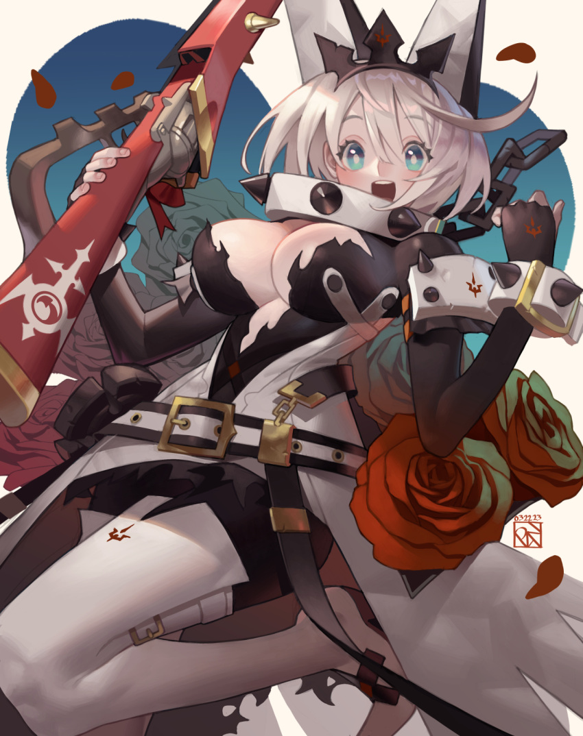 1girl aqua_eyes belt belt_buckle black_dress boots breasts broken broken_chain buckle chain cleavage collar dress elphelt_valentine falling_petals fingerless_gloves flower gloves guilty_gear gun hair_between_eyes hairband highres holding holding_gun holding_weapon large_breasts leg_up looking_at_viewer open_mouth petals poch4n red_flower red_rose rifle rose short_hair smile solo spiked_collar spikes thigh_boots thighhighs two-tone_dress weapon white_dress white_hair white_thighhighs