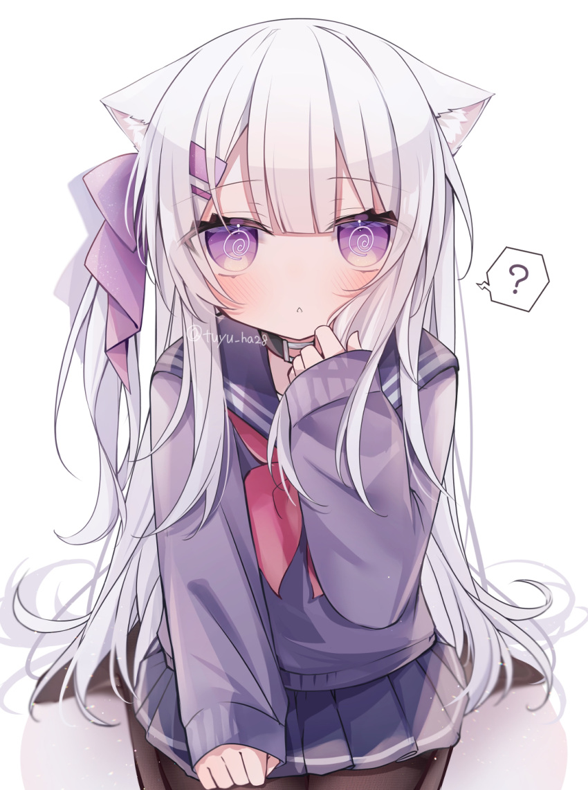 1girl ? @_@ animal_ear_fluff animal_ears black_pantyhose blue_sailor_collar blue_skirt blush bow cat_ears commentary_request grey_hair hair_bow hand_up highres long_hair long_sleeves looking_at_viewer neckerchief no_shoes one_side_up original pantyhose parted_lips pleated_skirt puffy_long_sleeves puffy_sleeves purple_bow purple_eyes purple_sweater red_neckerchief ringouulu sailor_collar school_uniform serafuku shadow simple_background sitting skirt sleeves_past_wrists solo spoken_question_mark sweater twitter_username very_long_hair wariza white_background