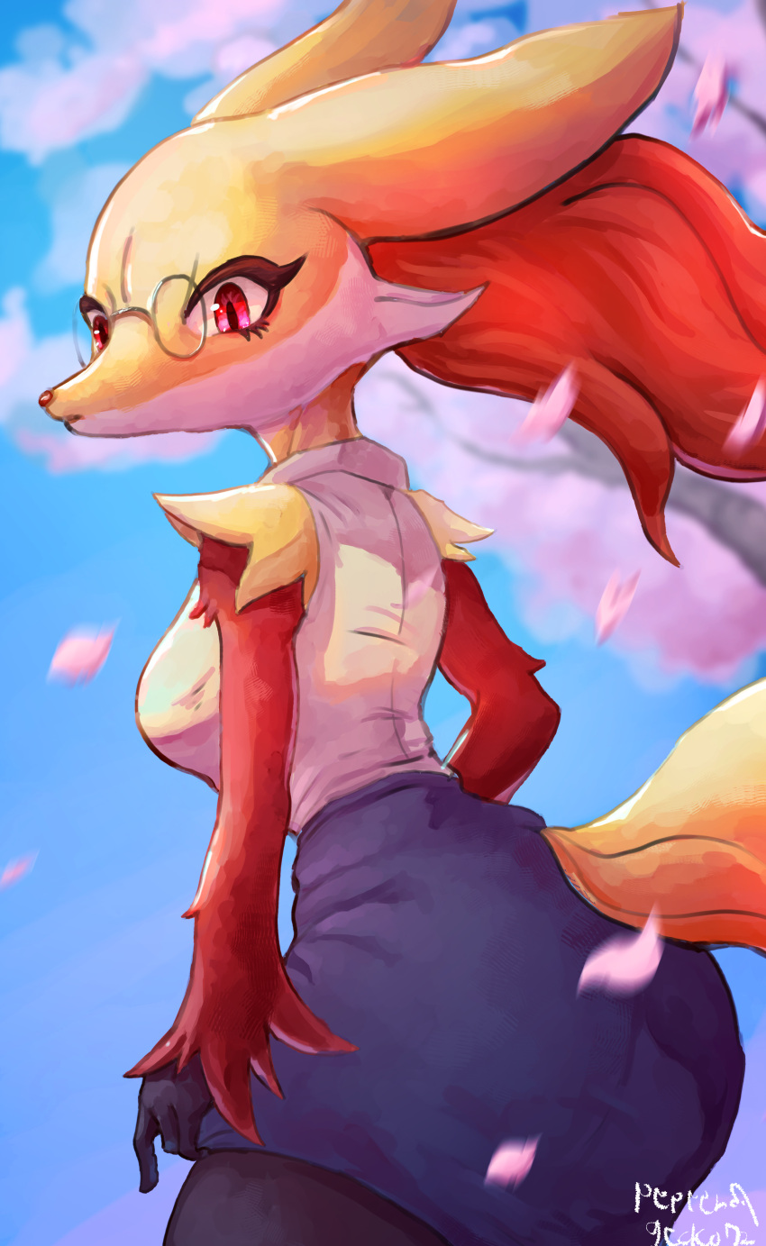 1girl absurdres animal_ear_fluff animal_ears animal_nose artist_name ass bare_shoulders black_fur blue_skirt blue_sky blurry blurry_background body_fur breasts cherry_blossoms closed_mouth clothed_pokemon clothing_cutout commentary_request cowboy_shot day delphox fox_ears fox_girl fox_tail from_behind furry furry_female glasses highres looking_at_viewer looking_back medium_breasts miniskirt motion_blur multicolored_fur pencil_skirt pepper_gecko72 petals pince-nez pokemon pokemon_(creature) red_eyes red_fur round_eyewear shirt shirt_tucked_in signature skirt skirt_tug sky sleeveless sleeveless_shirt snout solo standing tail tail_through_clothes white_fur white_shirt yellow_fur