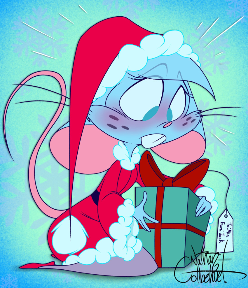 2022 4_fingers anthro artist_name biped black_text blue_background blue_body blue_eyes blue_fur blue_hair blush bow_ribbon buckteeth christmas christmas_clothing christmas_headwear christmas_present clothed clothing colored digital_drawing_(artwork) digital_media_(artwork) dress english_text eyebrow_through_hair eyebrows eyelashes female fingers footwear front_view full-length_portrait fur gift gift_tag hair hat headgear headwear hi_res holding_object holding_present holidays kneeling legwear mammal mia_mouse mouse murid murine no_pupils pantyhose pink_inner_ear pink_nose pink_tail portrait red-bow red_clothing red_dress red_footwear red_hat red_headwear red_ribbon red_shoes ribbons rodent santa_dress santa_hat shoes side_view signature silentjack simple_background snowflake_background solo tag tail teeth text three-quarter_portrait topwear translucent translucent_hair whiskers