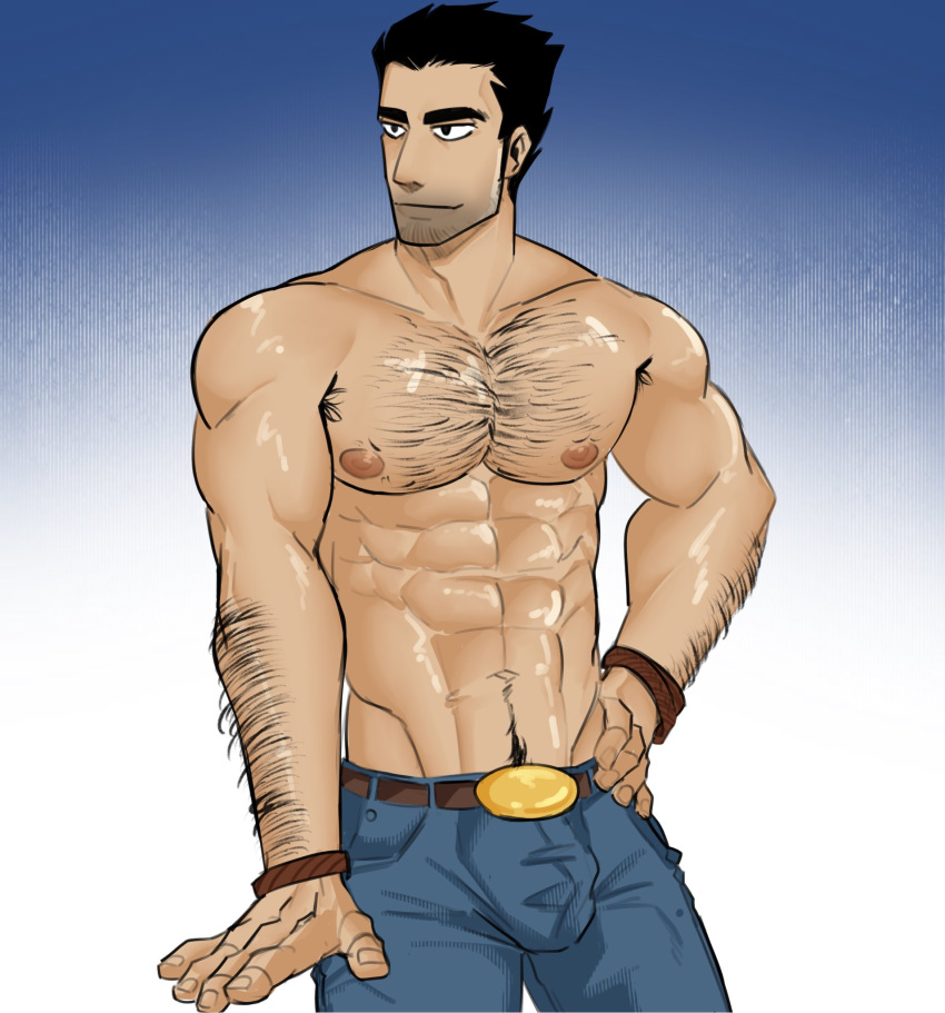 1boy arm_hair armpit_hair armpit_hair_peek bara beard_stubble black_hair bluew_(bluewdump) chest_hair expressionless hairy highres large_pectorals looking_to_the_side lucas_lee male_focus muscular muscular_male navel_hair pectorals scott_pilgrim_takes_off short_hair smile solo thick_eyebrows topless_male