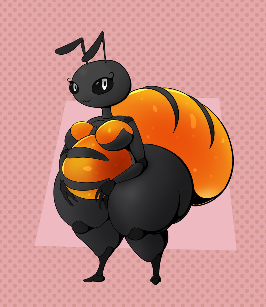 absurd_res ant antennae_(anatomy) anthro arthropod arthropod_abdomen belly big_belly big_breasts big_butt black_body black_sclera bottom_heavy breasts butt female hi_res honeypot_ant huge_butt huge_thighs hymenopteran hyper hyper_butt hyper_thighs insect looking_at_viewer orange_body overweight overweight_anthro overweight_female smile solo standing thick_thighs veryfilthything white_eyes