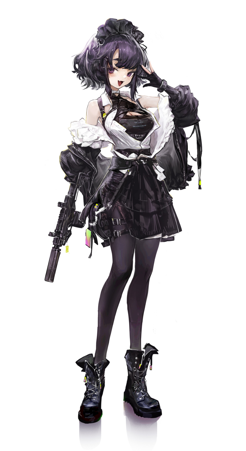 1girl absurdres agoto bare_shoulders black_dress black_footwear black_gloves black_jacket black_pantyhose boots breasts cleavage dress fang frills full_body gloves gun highres holding holding_gun holding_weapon jacket looking_at_viewer maid_headdress medium_breasts off_shoulder open_clothes open_jacket open_mouth original pantyhose partially_fingerless_gloves purple_eyes purple_hair short_hair simple_background skin_fang solo standing thigh_strap weapon white_background
