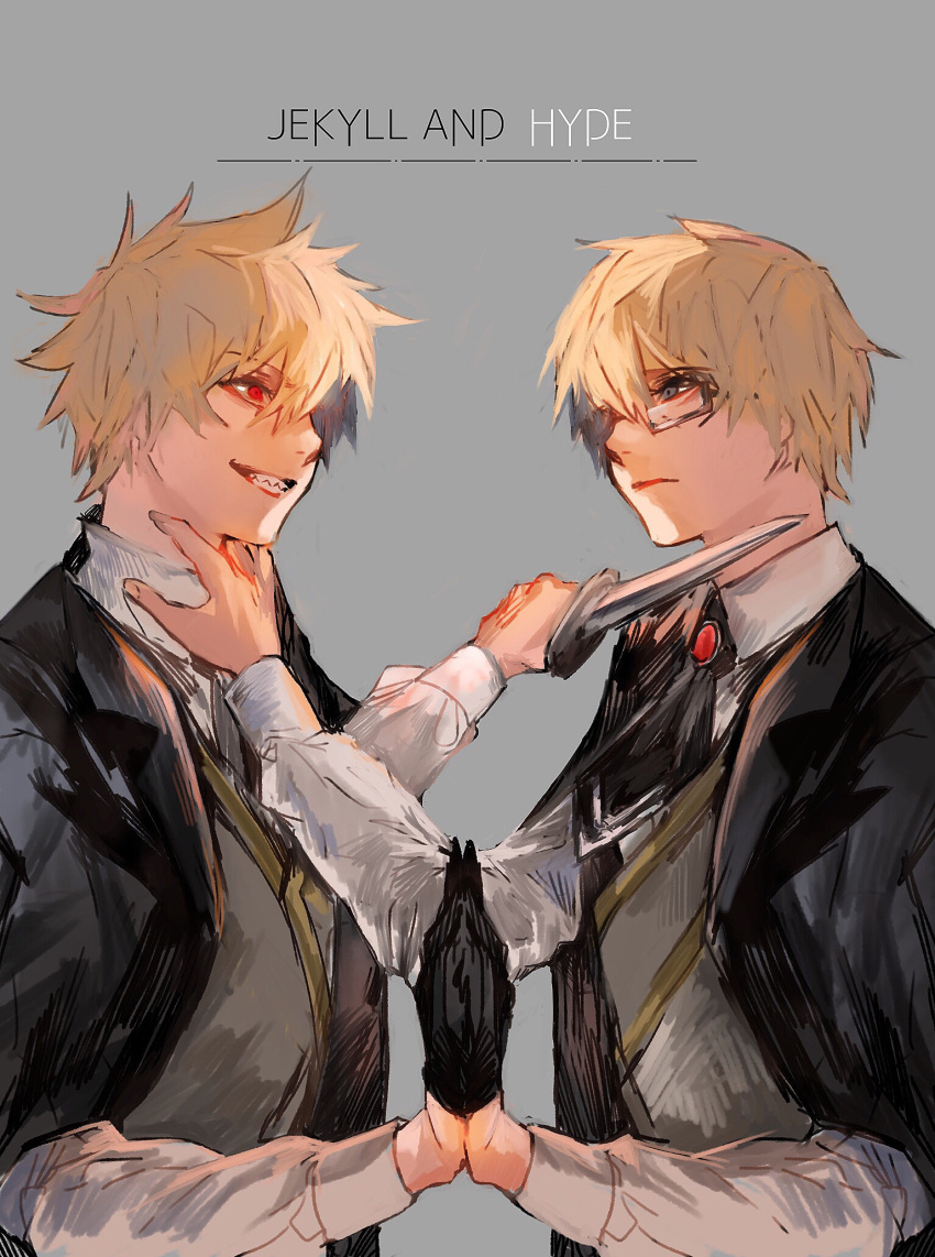 2boys ascot at_knifepoint black_ascot black_gloves black_jacket blade_to_throat blonde_hair brooch character_name closed_mouth collared_shirt dual_persona expressionless eye_contact fate/grand_order fate_(series) glasses gloves grey_background grey_eyes grey_vest grin hair_between_eyes half_gloves hand_on_another's_neck highres holding holding_knife irorigumi jacket jacket_on_shoulders jekyll_and_hyde_(fate) jewelry knife looking_at_another male_focus multiple_boys palms_together red_eyes shirt short_hair simple_background single_glove smile spiked_hair symmetry upper_body vest white_shirt