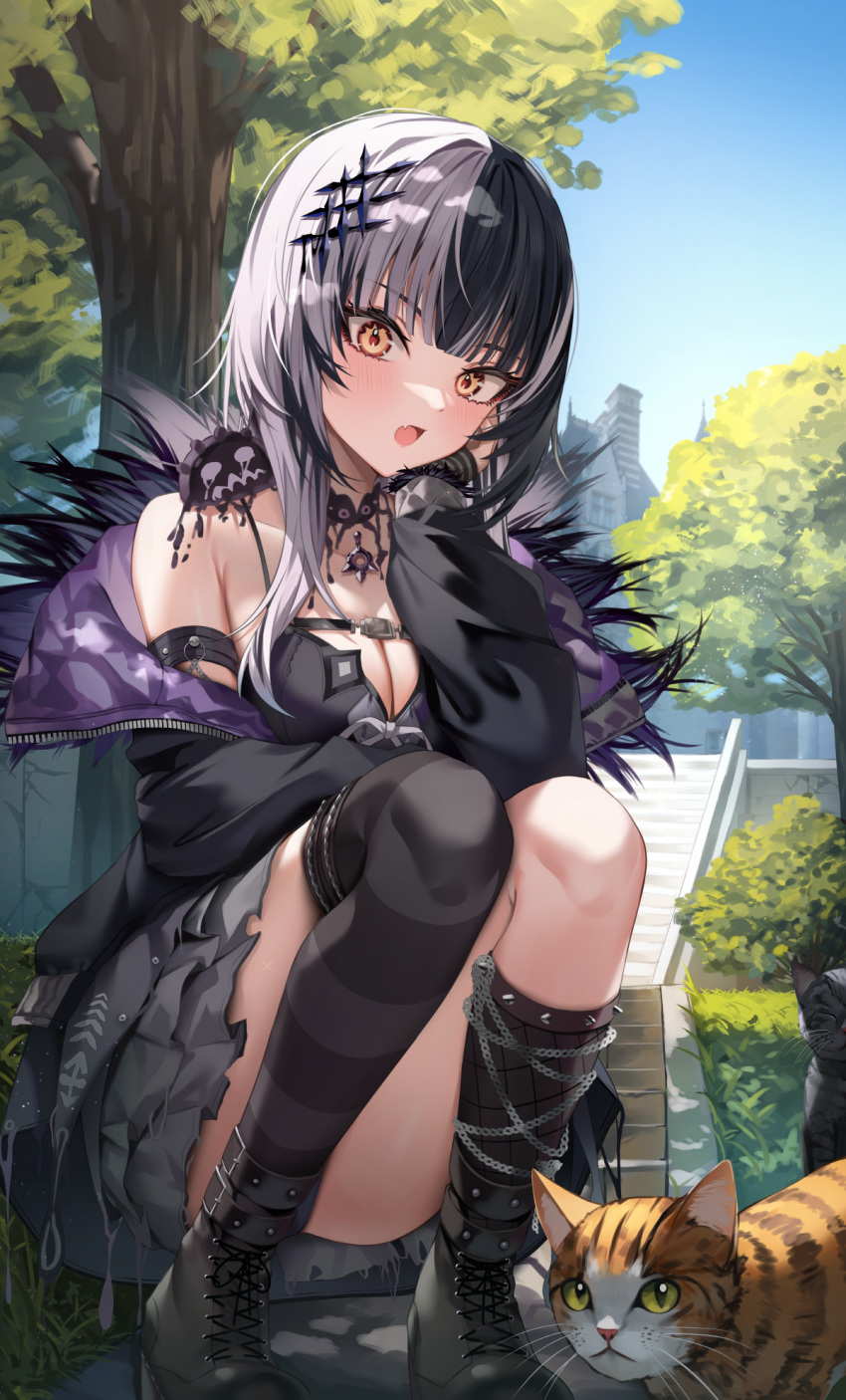 1girl animal arm_strap asymmetrical_legwear black_choker black_hair black_jacket black_socks black_thighhighs blue_sky blunt_bangs breasts cat chain choker cleavage day elbow_rest fang full_body hair_ornament highres hololive hololive_english jacket looking_at_animal looking_down mismatched_legwear multicolored_hair open_mouth outdoors shiori_novella shuvi_(shuvi1125) sky socks solo squatting stairs studded thighhighs thighs tree two-tone_hair uneven_legwear virtual_youtuber white_hair yellow_eyes yorick_(shiori_novella)