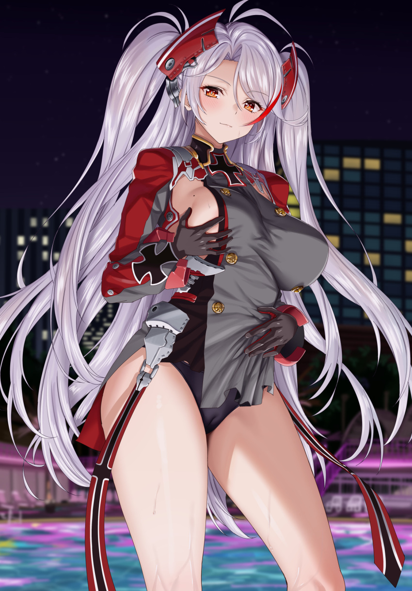 1girl absurdres antenna_hair azur_lane blush breast_grab breasts cameltoe cross dress fuooooo grabbing grey_hair hair_between_eyes headgear highres iron_cross large_breasts long_hair long_sleeves mole mole_on_breast multicolored_hair night orange_eyes panties prinz_eugen_(azur_lane) side_cutout sideboob smile solo streaked_hair thighs two_side_up underwear very_long_hair wet white_hair