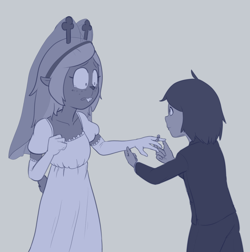 anthro black_tie_(suit) bodily_fluids clothing deer deltarune dress duo eye_contact female hi_res hitsuji human kris_(deltarune) looking_at_another male male/female mammal monochrome noelle_holiday putting_on_ring suit tears undertale_(series) wedding_dress wedding_veil