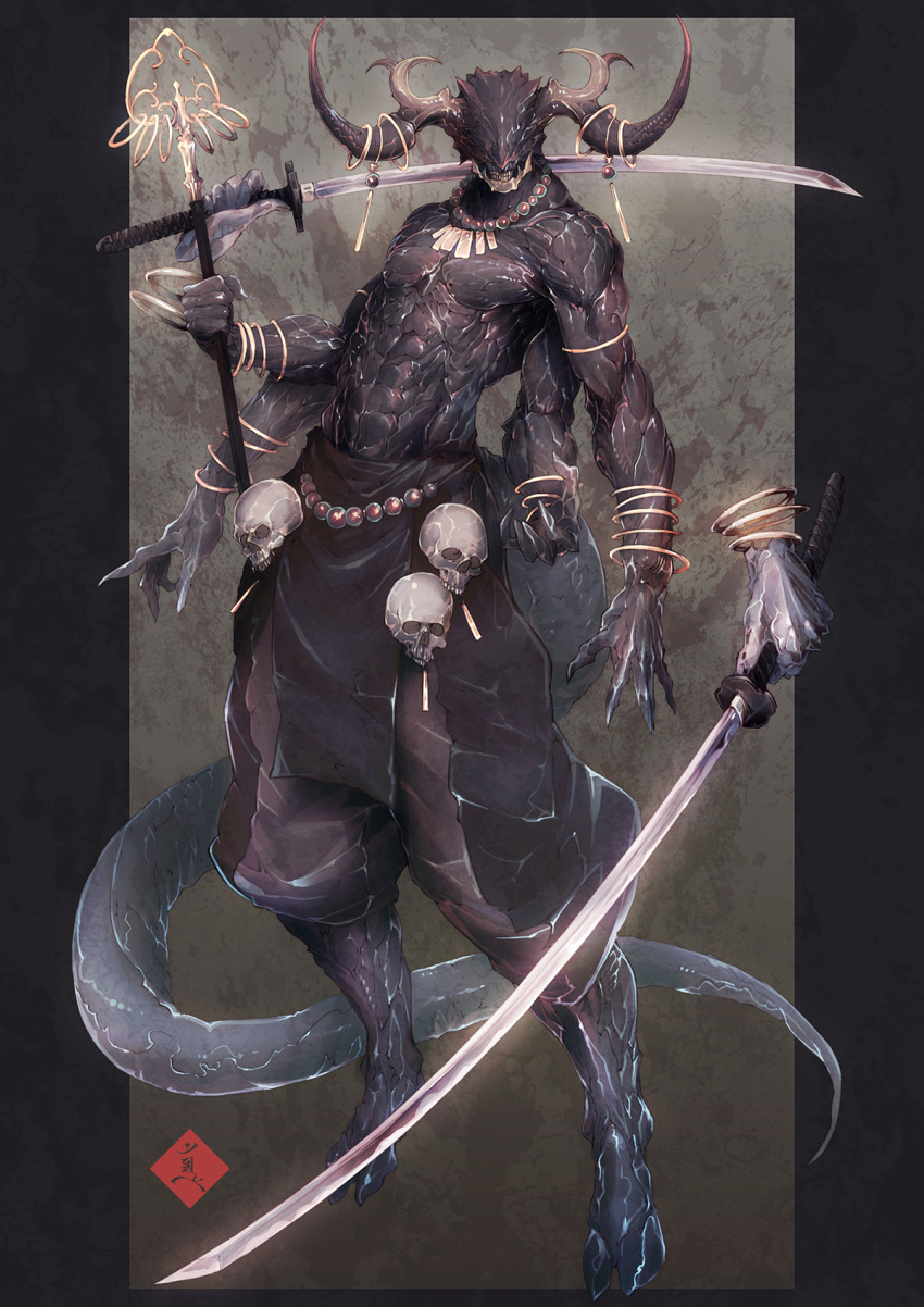 1boy bangle beads bracelet disembodied_limb extra_arms highres holding holding_sword holding_weapon horn_ornament horns jewelry katana looking_at_viewer mabo9317 monster original prayer_beads shakujou skull solo staff sword tail tassel teeth topless_male triple_wielding weapon