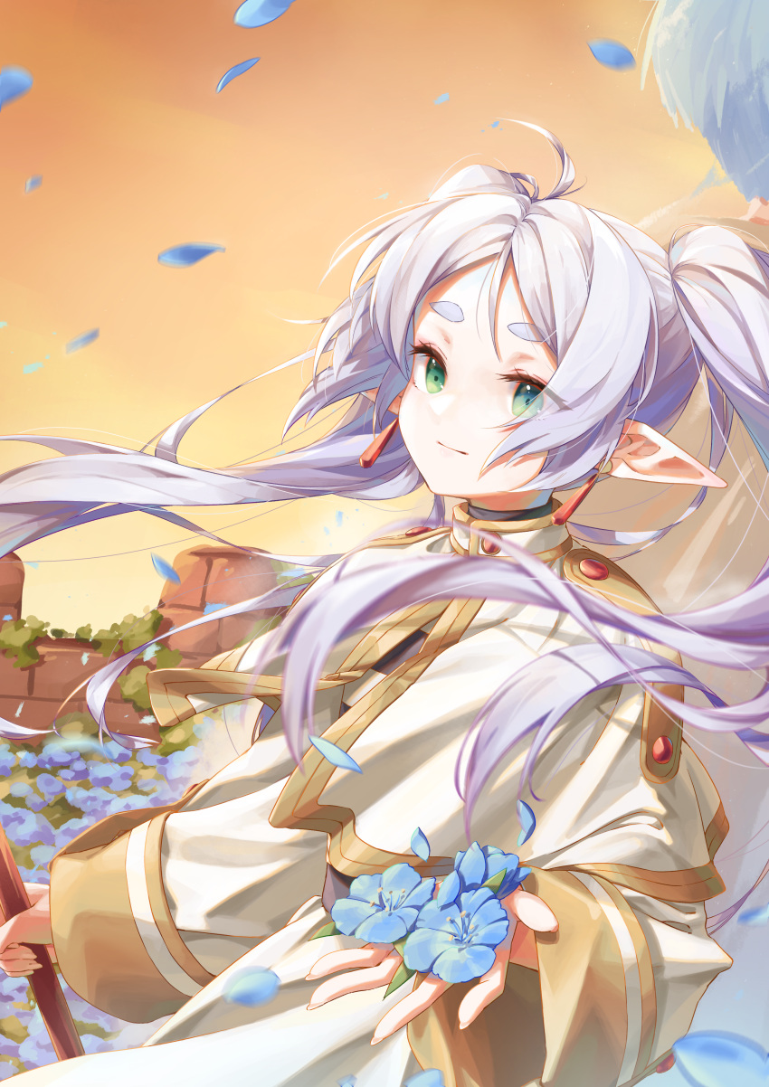 1boy 1girl absurdres aeon_ion ahoge blue_flower blue_hair cape capelet closed_mouth earrings elf flower frieren highres himmel_(sousou_no_frieren) jewelry long_hair pointy_ears sky sousou_no_frieren sunset twintails white_capelet white_hair