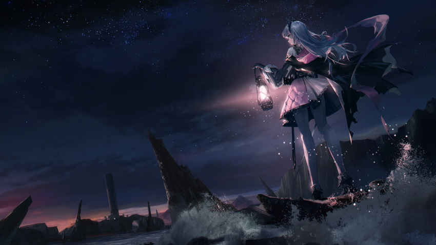 1girl arknights belt black_belt black_cape black_footwear black_gloves black_jacket cape cliff cloud commentary earrings feather_hair floating_hair from_behind gloves grey_eyes grey_hair highres holding holding_lantern irene_(arknights) jacket jewelry lantern long_hair long_sleeves looking_ahead night night_sky outdoors pantyhose pillar pink_ribbon pink_skirt ren_(gh) ribbon scar scar_across_eye shoes skirt sky solo star_(sky) starry_sky symbol-only_commentary two-tone_skirt water waves white_pantyhose white_skirt