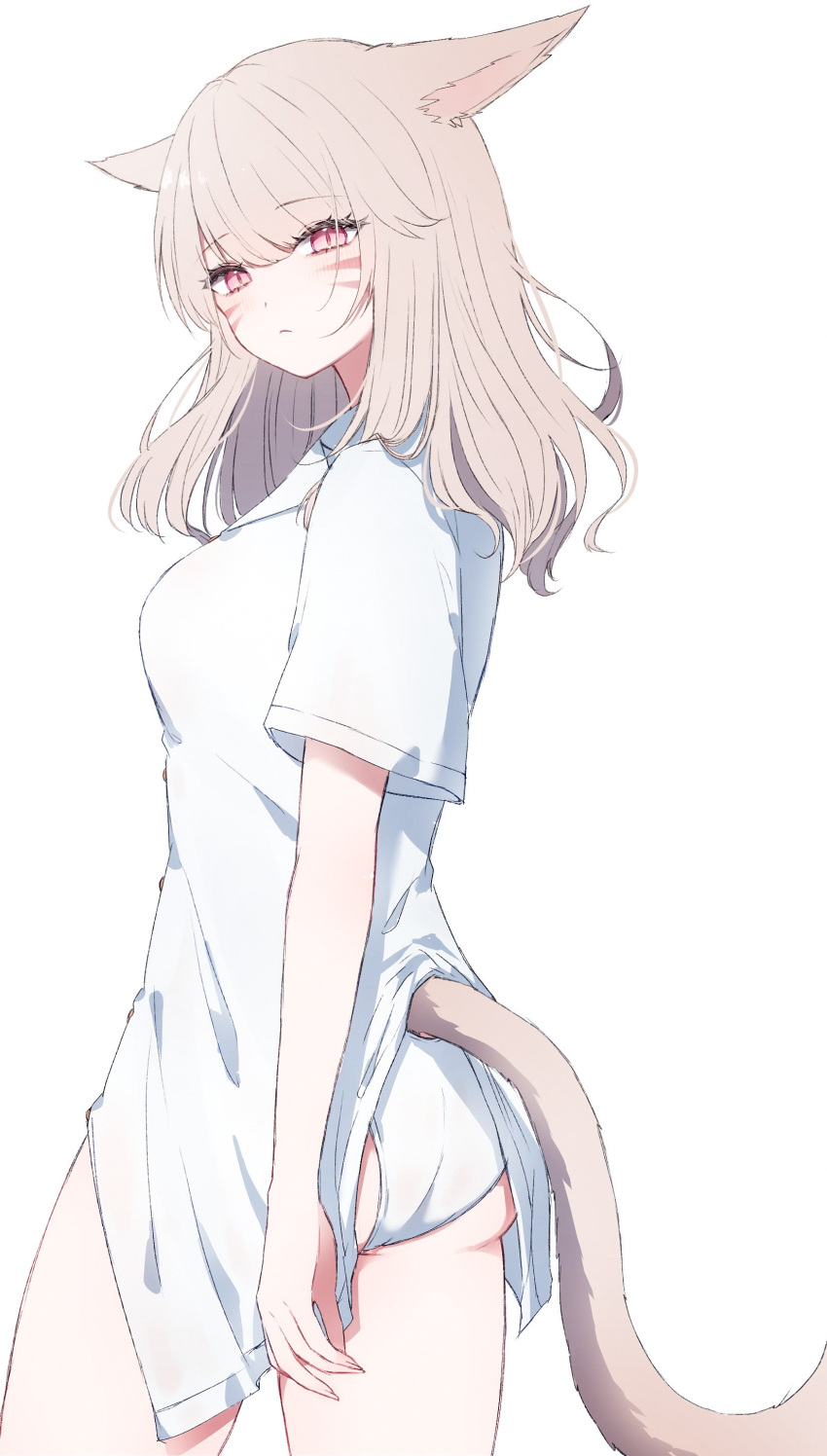 1girl absurdres animal_ears blonde_hair cat_ears cat_tail facial_mark final_fantasy final_fantasy_xiv highres long_hair looking_at_viewer miqo'te no_pants panties red_eyes sana_(sanamaru_0w0) shirt slit_pupils solo tail underwear warrior_of_light_(ff14) whisker_markings white_background white_panties white_shirt