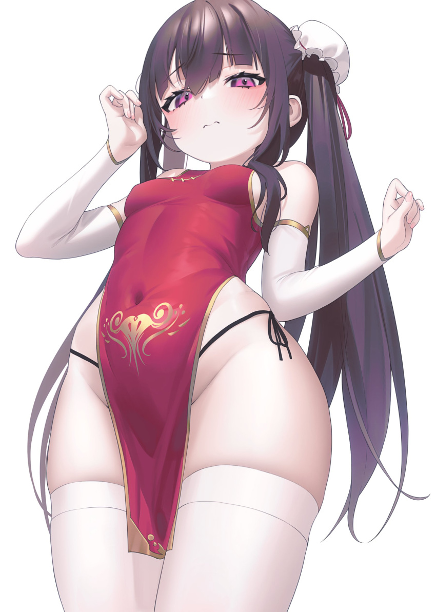 1girl absurdres aya_(lezon) black_hair black_panties breasts china_dress chinese_clothes commentary_request covered_navel detached_sleeves double_bun dress from_below frown groin hair_bun highleg highleg_panties highres light_blush long_hair nail_polish original panties pelvic_curtain petite red_dress red_eyes simple_background sleeveless small_breasts solo string_panties tareme taut_clothes taut_dress thick_thighs thighhighs thighs twintails twintails_day underwear uterus_print very_long_hair white_background white_thighhighs