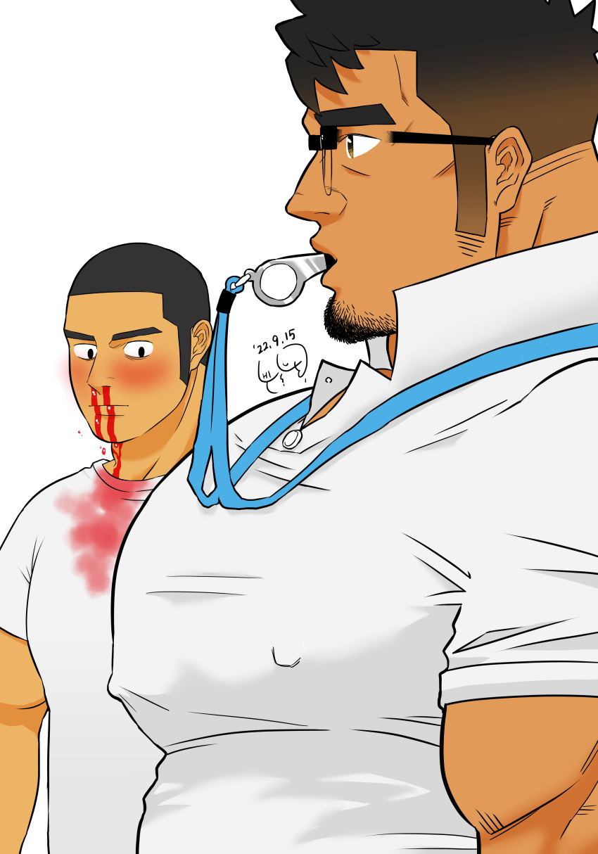 2boys absurdres age_difference aroused_nosebleed bara blood blood_on_clothes blush chicu coach covered_nipples dark-skinned_male dark_skin dated facial_hair from_side goatee highres large_pectorals long_sideburns looking_at_another looking_at_pectorals male_focus mature_male meme multiple_boys muscular muscular_male original pectoral_envy_(meme) pectoral_focus pectorals short_hair sideburns sideburns_stubble solo_focus teacher_and_student thick_eyebrows upper_body whistle whistle_around_neck yaoi