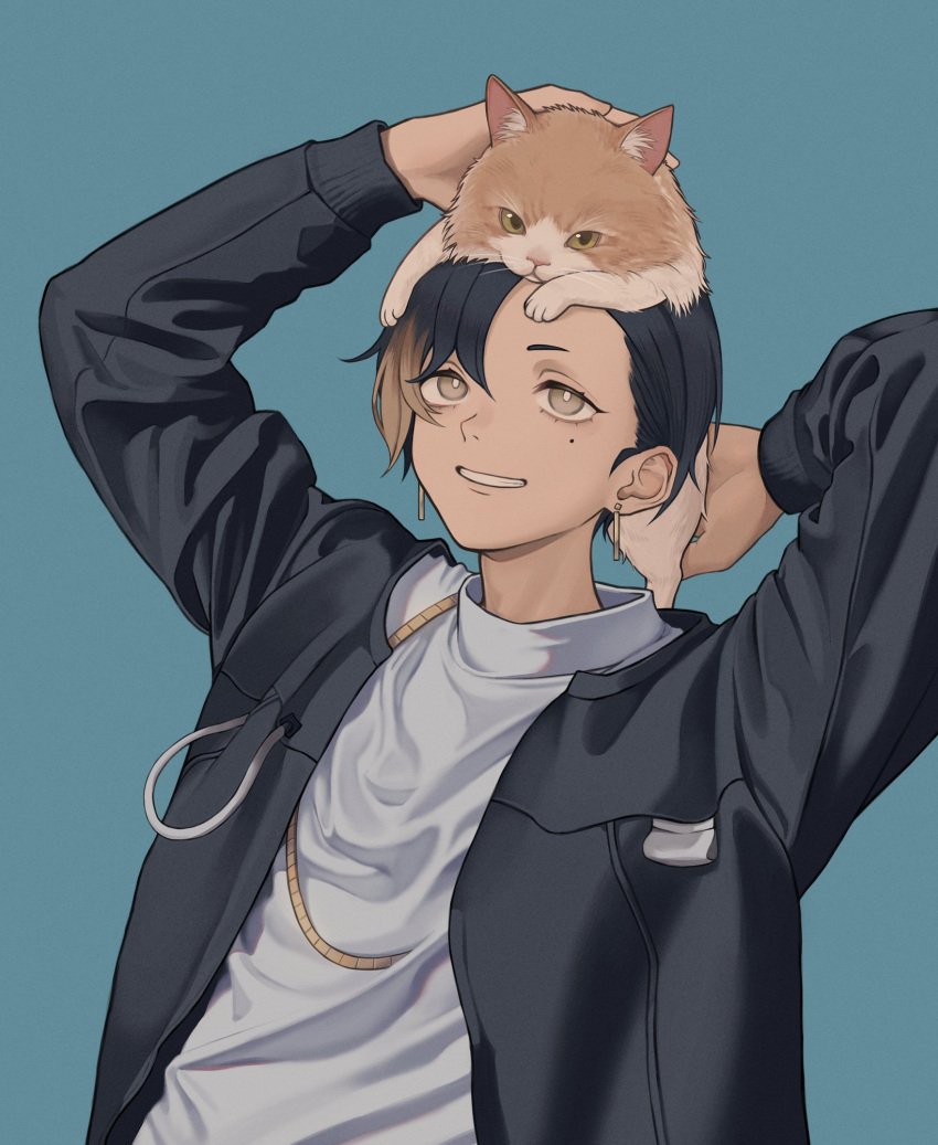 1boy animal animal_on_head arm_behind_head arm_over_head asada_asahi asymmetrical_bangs black_hair black_jacket blue_background bright_pupils brown_eyes brown_hair cat character_request copyright_request cropped_torso earrings highres holding holding_animal holding_cat jacket jewelry male_focus mole mole_under_eye multicolored_hair on_head shirt smile white_pupils white_shirt