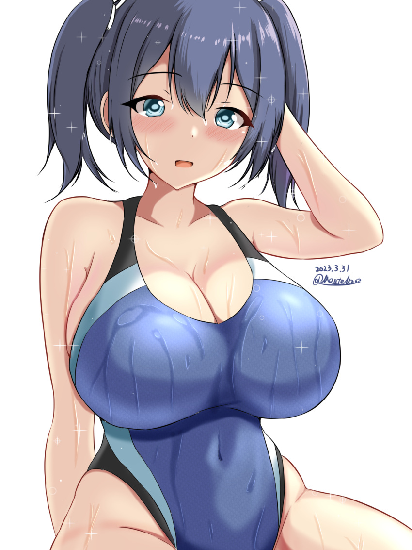 1girl black_one-piece_swimsuit blue_eyes blue_hair blue_one-piece_swimsuit blush breasts competition_swimsuit covered_navel dated hair_between_eyes hair_ribbon highleg highleg_swimsuit highres impossible_clothes impossible_swimsuit kantai_collection large_breasts long_hair looking_at_viewer montemasa multicolored_clothes multicolored_swimsuit one-hour_drawing_challenge one-piece_swimsuit open_mouth ribbon short_hair simple_background sitting smile solo souryuu_(kancolle) swimsuit twintails twitter_username two-tone_swimsuit wet wet_clothes wet_swimsuit white_background white_ribbon