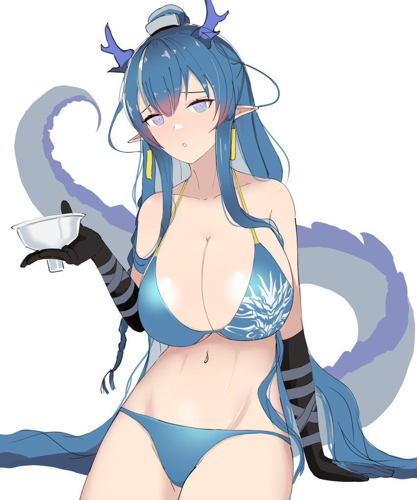 1girl :o absurdres arknights bikini black_gloves blue_bikini blue_eyes blue_hair breasts cleavage collarbone cup dragon_girl dragon_horns dragon_tail earrings elbow_gloves gloves highres holding holding_cup horns jewelry kinoko_hakushaku large_breasts ling_(arknights) long_hair looking_at_viewer multicolored_hair navel parted_lips pointy_ears simple_background sitting solo streaked_hair swimsuit tail two-tone_hair very_long_hair white_background white_hair