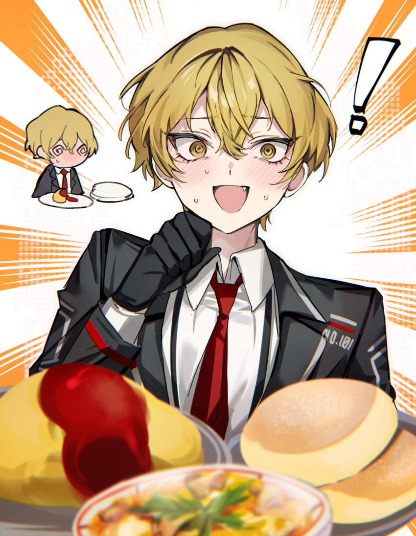 ! 1boy bishounen black_gloves blonde_hair chibi fang food gloves highres limbus_company male_focus mu46016419 necktie omelet omurice open_mouth project_moon red_necktie short_hair sinclair_(project_moon) solo suit sweat upper_body