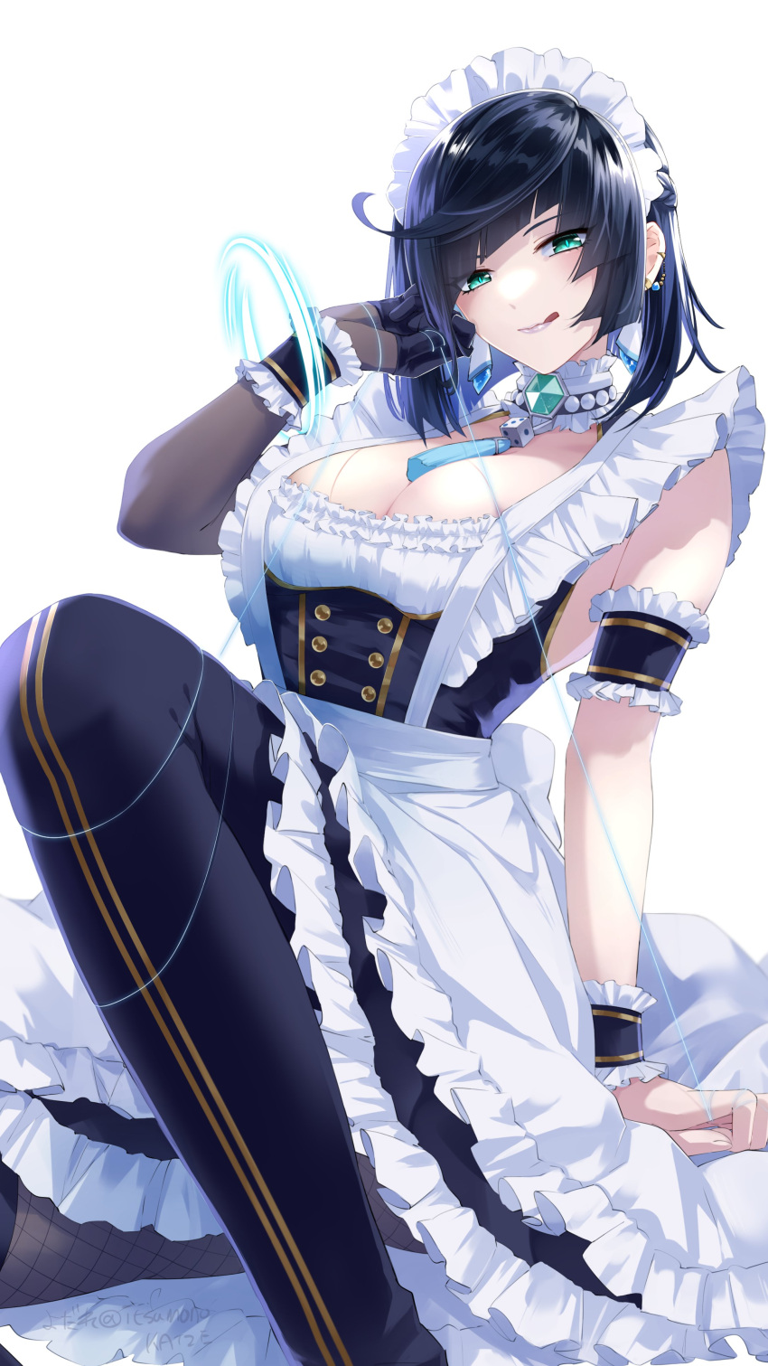 1girl :q absurdres alternate_costume apron bead_choker black_hair black_thighhighs blue_eyes bob_cut breasts diagonal_bangs dress elbow_gloves enmaided fishnets frilled_apron frilled_dress frills genshin_impact gloves hair_tucking highres itsumono_katze large_breasts lips looking_at_viewer maid maid_apron maid_headdress neck_tassel short_hair simple_background single_elbow_glove sitting smile solo tassel_choker thighhighs tongue tongue_out twitter_username white_apron white_background wrist_cuffs yelan_(genshin_impact)