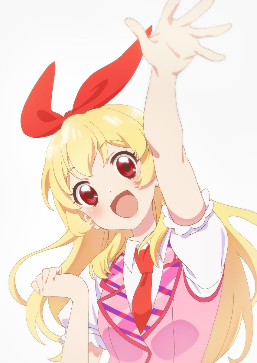 1girl :d aikatsu! aikatsu!_(series) arm_up blonde_hair blush bow collared_shirt hair_bow hairband highres hokahoka_yudoufu hoshimiya_ichigo idol_clothes long_hair looking_at_viewer necktie open_mouth outstretched_arm pink_vest puffy_short_sleeves puffy_sleeves red_bow red_eyes red_hairband red_necktie shirt short_sleeves simple_background smile solo upper_body vest white_background white_shirt