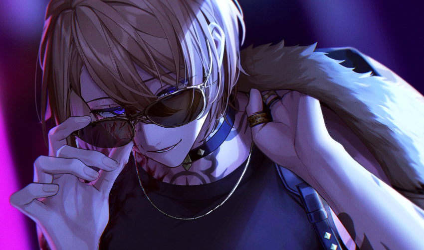 1boy adjusting_eyewear black_choker black_shirt blonde_hair blurry blurry_background choker commentary english_commentary eyelashes fingernails fur-trimmed_jacket fur_trim hair_between_eyes hands_up highres holding holding_clothes holding_jacket jacket jacket_removed jewelry looking_at_viewer looking_over_eyewear lower_teeth_only luca_kaneshiro luca_kaneshiro_(2nd_costume) male_focus multiple_rings necklace nijisanji nijisanji_en official_alternate_costume open_mouth parted_bangs purple_eyes ring round_teeth shirt short_hair sidelocks sleeveless sleeveless_shirt smile solo ss_utr3n sunglasses tattoo teeth thumb_ring upper_body virtual_youtuber