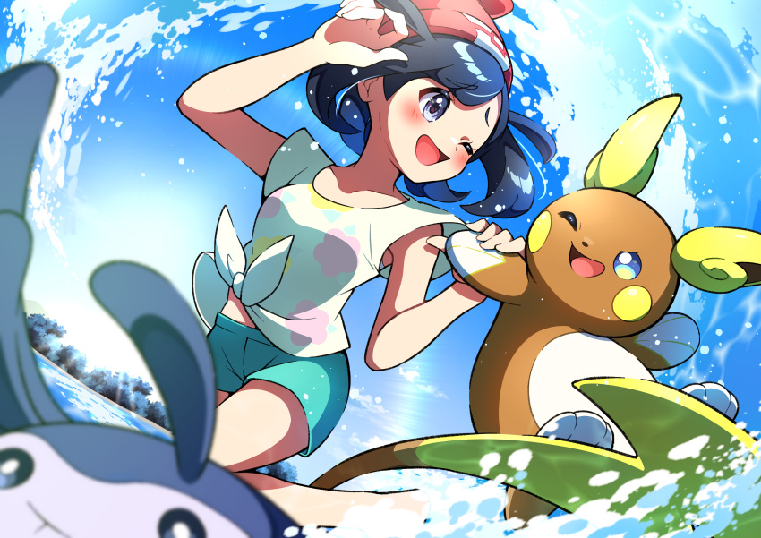 1girl ;d absurdres alolan_raichu beanie blush commentary_request day eyelashes green_shorts grey_eyes hands_up hat highres holding_hands mantine one_eye_closed open_mouth outdoors pokemon pokemon_(game) pokemon_sm pon_yui red_headwear selene_(pokemon) shirt short_shorts short_sleeves shorts sky smile tied_shirt tongue water