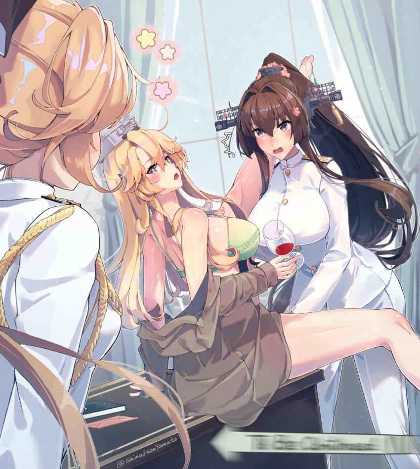 3girls akigumo_(kancolle) alcohol blonde_hair blush bra breasts brown_eyes brown_hair cherry_blossoms cup drinking_glass drunk flower hair_between_eyes hair_flower hair_ornament headgear highres himeyamato holding holding_cup iowa_(kancolle) kantai_collection large_breasts leg_on_another's_shoulder leg_up long_hair long_sleeves meme multiple_girls open_mouth ponytail thighs to_be_continued underwear very_long_hair walk-in wine wine_glass yamato_(kancolle) yuri